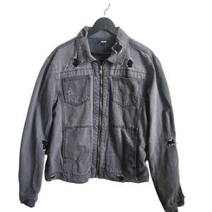 JACKSON MENS BLACK DENIM JEAN JACKET DISTRESSED BUTTON UP RIPPED CASUAL Large